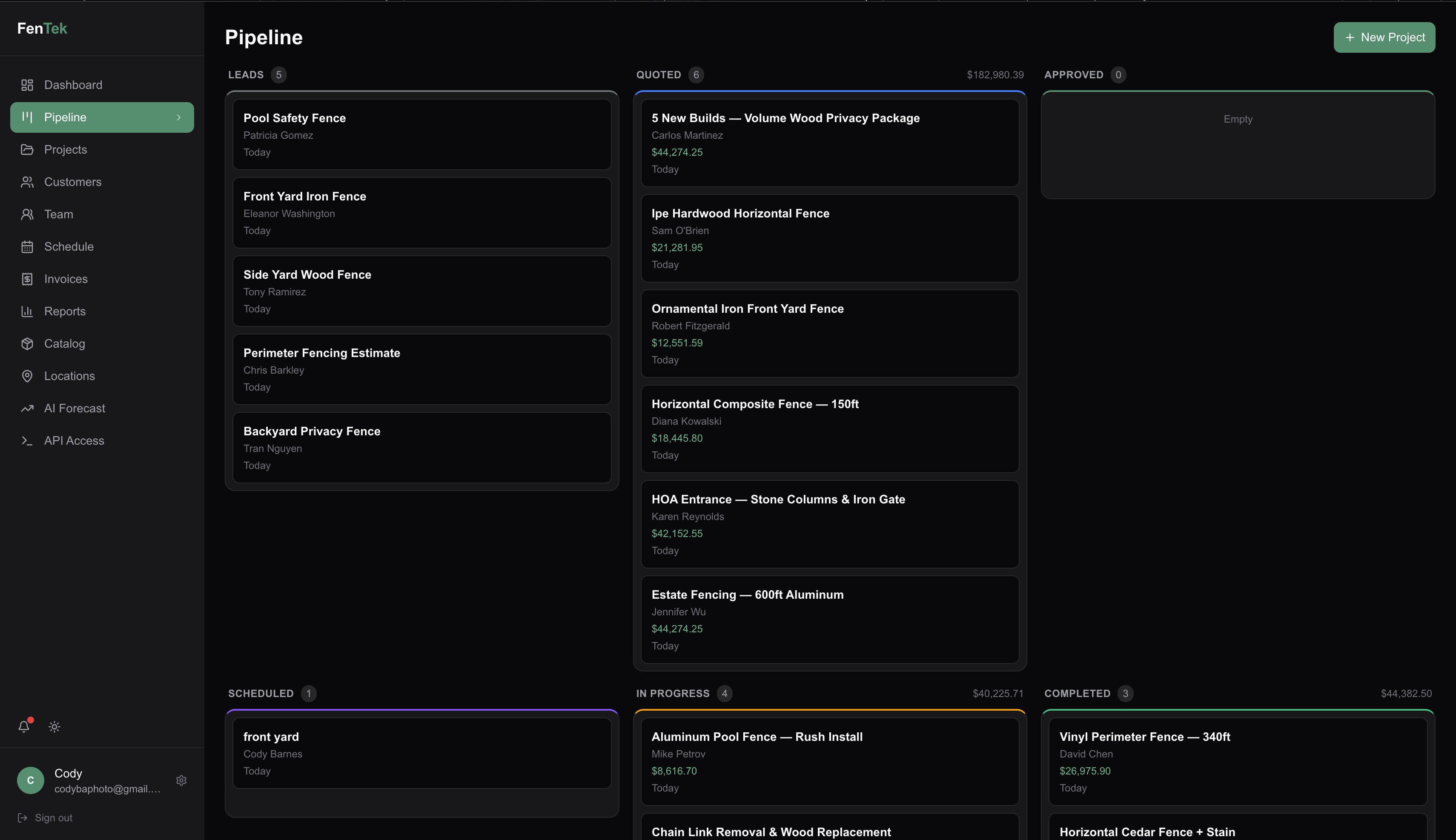 FenTek Pipeline kanban board