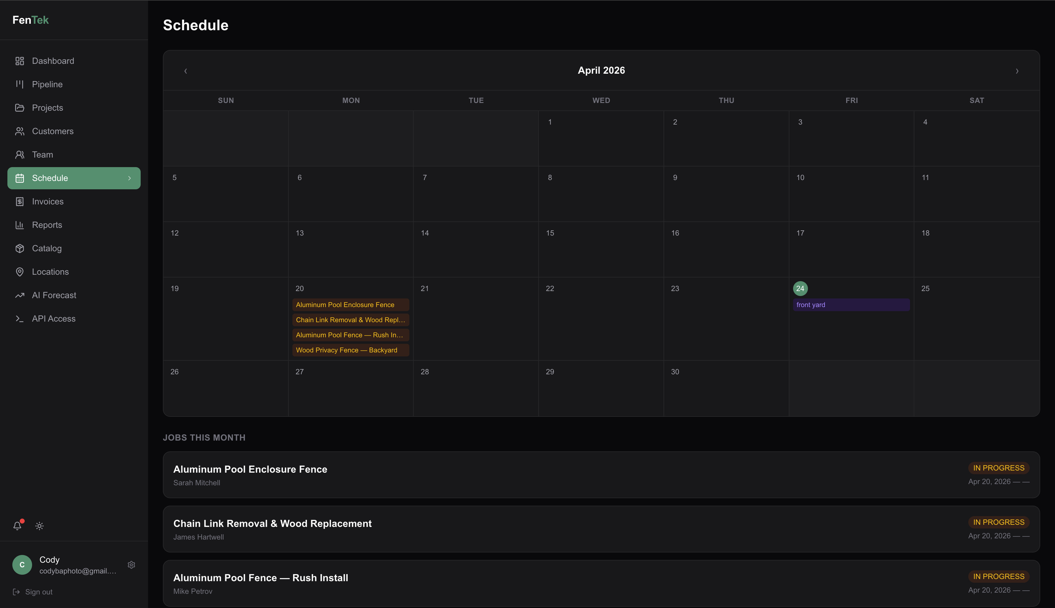 FenTek Schedule calendar